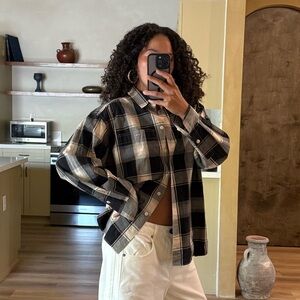 Classic Vintage 90s Checkered Plaid Button Down Shirt - Black and Cream